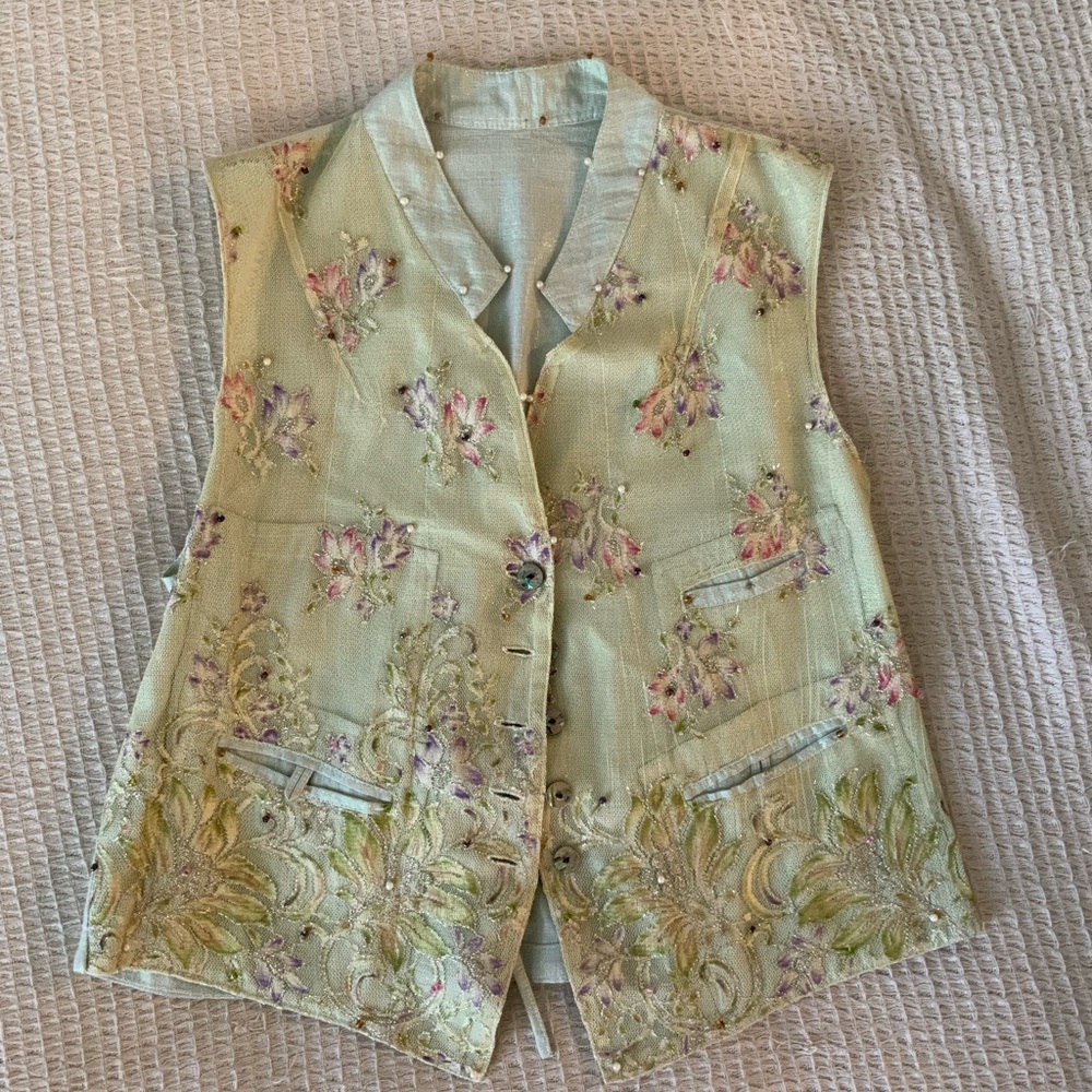 Vintage Beaded Silk Shimmer Floral Corset Button Vest Top Fairy Blouse Festival